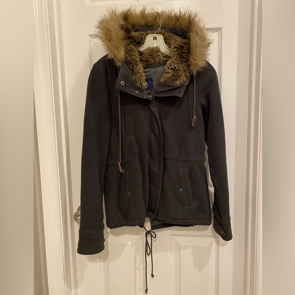 American Eagle Sweater Coat with Faux Fur Hood Size Petite Small